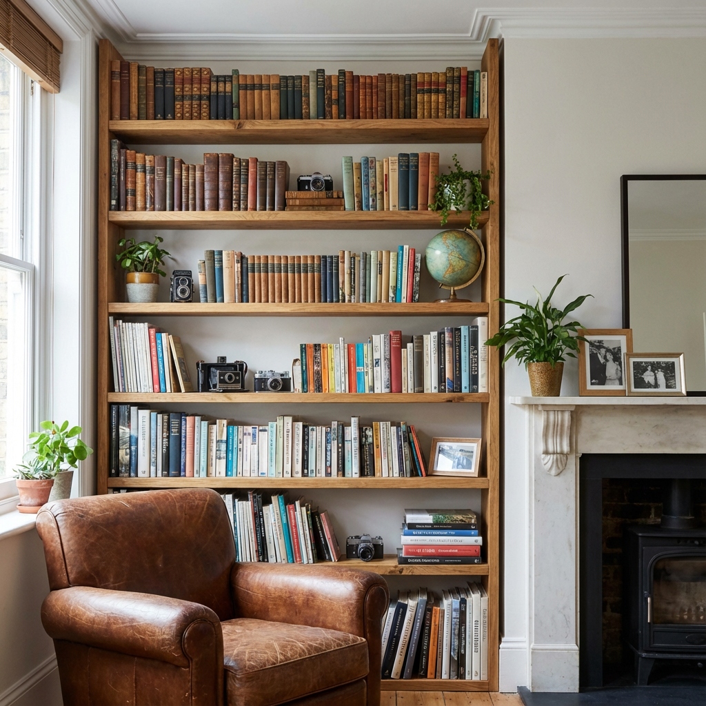 Library bookshelves filled with colorful books